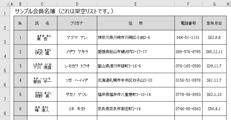サンプル名簿ふりがな付き